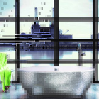 Elegant Freestanding Bathtub adorned with Sicis silver leaf mosaic