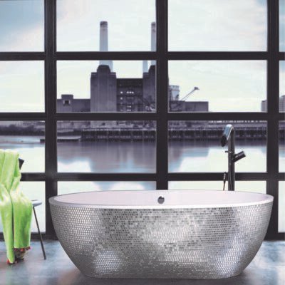 Elegant Freestanding Bathtub adorned with Sicis silver leaf mosaic