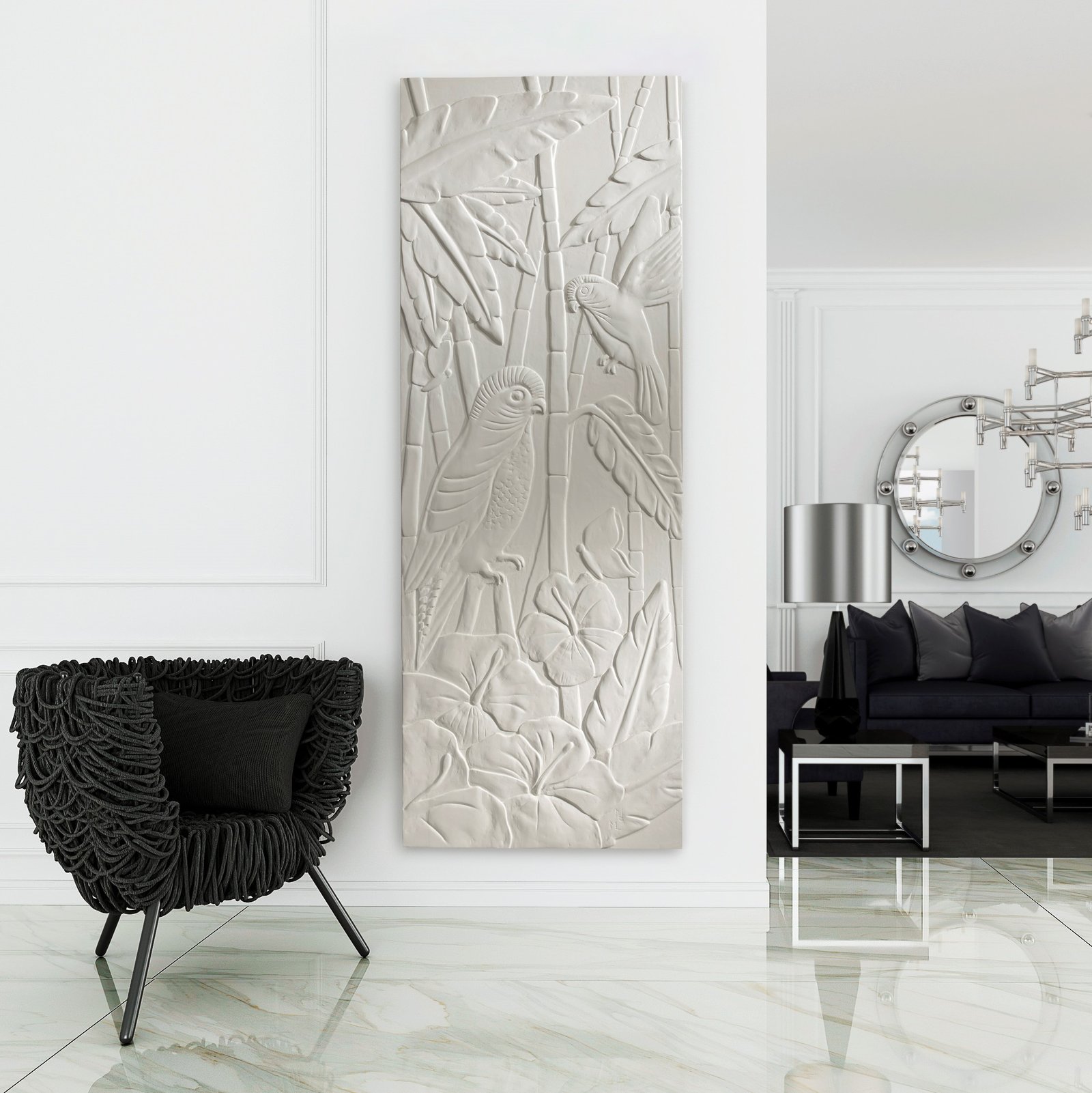 The Ateliers CINIER Art Deco towel warmer in a modern living setting, emphasizing its stylish appearance