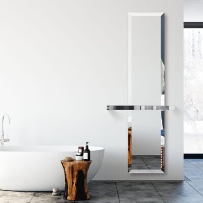 A sleek Ateliers CINIER Mirror bath towel warmer, featuring Olycal® stone and a reflective mirror surface