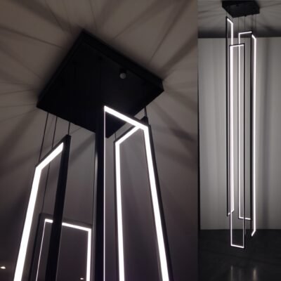 The Cascade Mire LED light fixture by Cinier, crafted with black powder-coated stainless steel frames