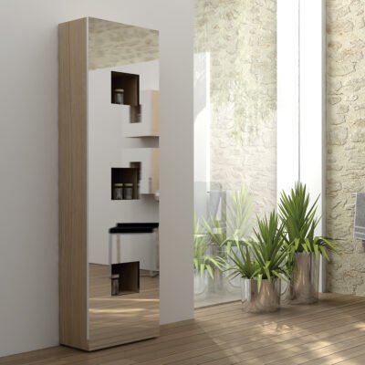 Wall-mounted bathroom storage cabinet featuring three open shelves and ten interior compartments, available in black, white, red, or wood veneer finishes