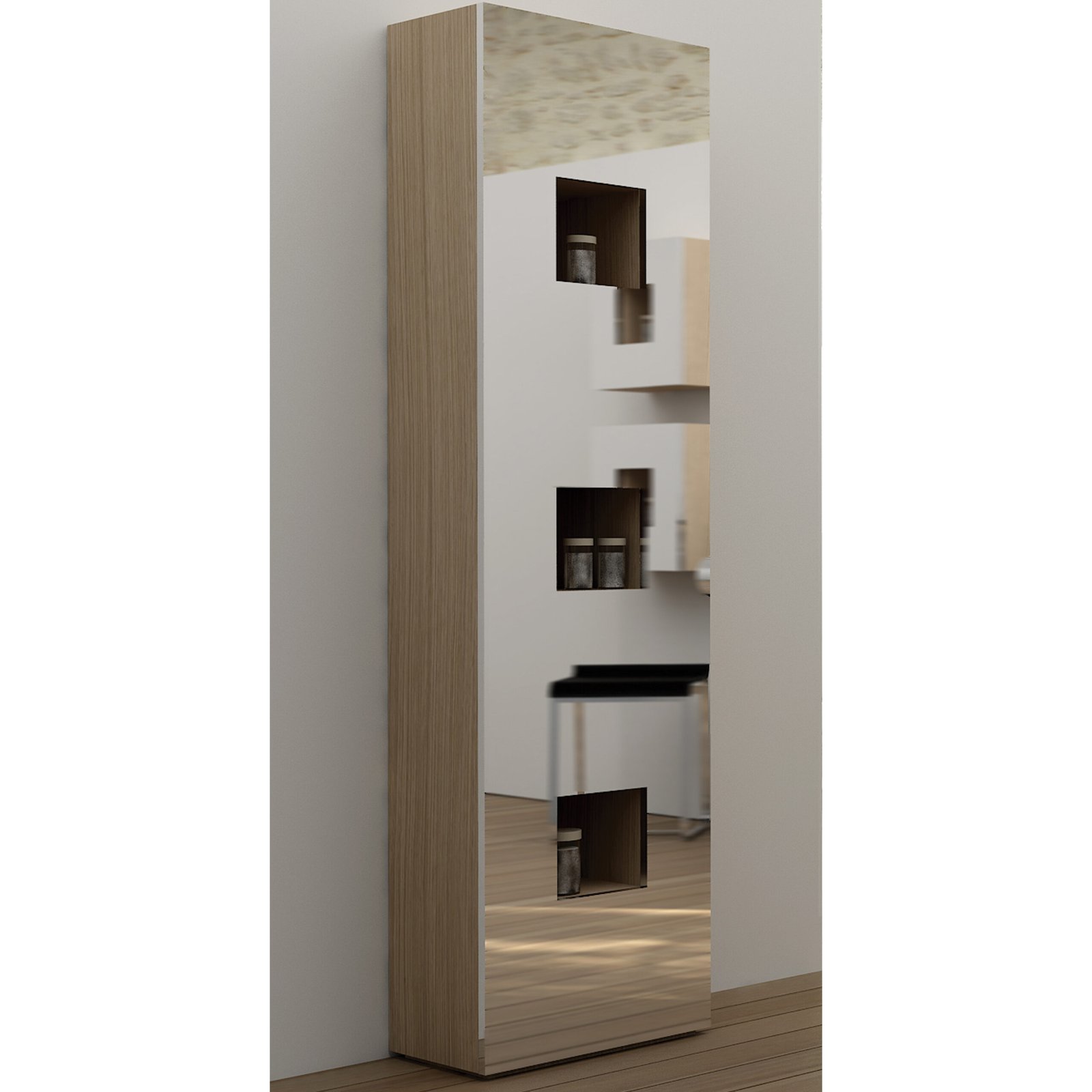 Sleek bathroom cabinet Sleek bathroom cabinet with polished stainless-steel door, light oak veneer sides, and versatile storage options