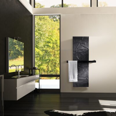 The Black Ateliers CINIER Edo bath towel warmer radiator displayed in a modern bathroom, exuding a Zen-inspired design