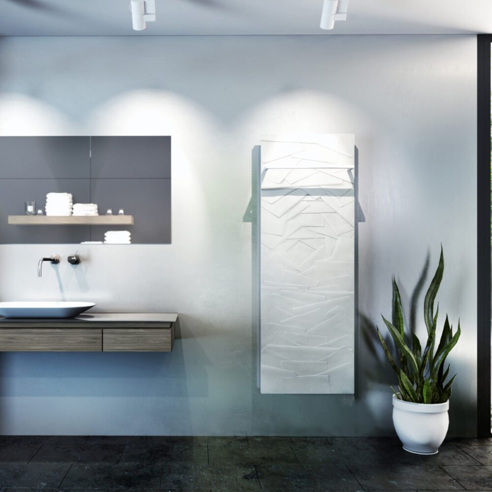 The Edo towel warmer radiator from Cinier in a serene bathroom