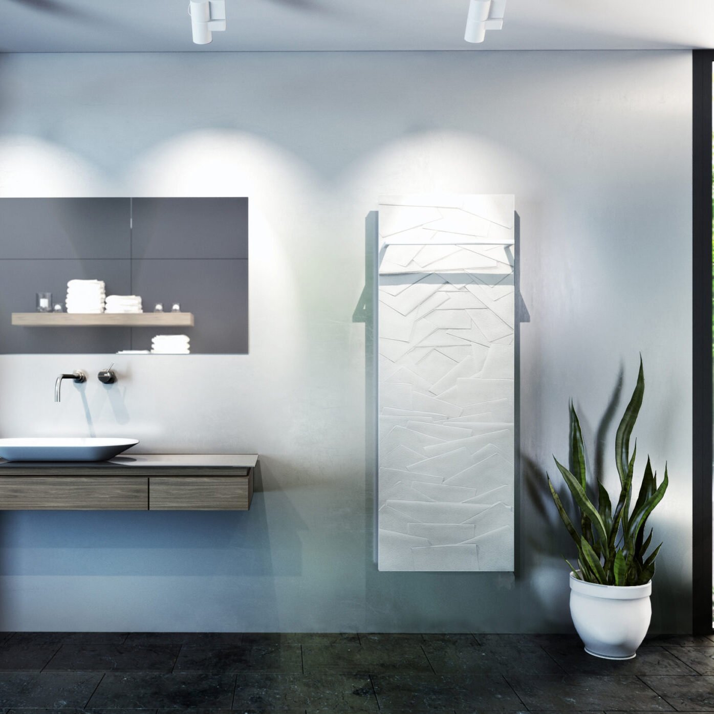 The Edo towel warmer radiator from Cinier in a serene bathroom