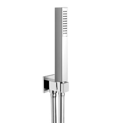 Square wall-mounted hand shower with solid brass construction, 8″ shower head, eco-friendly design, and a 60″ flexible hose