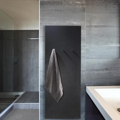 European-made Minimal bath towel warmer radiator with Olycal® stone, combining luxurious aesthetics with efficient and safe heating