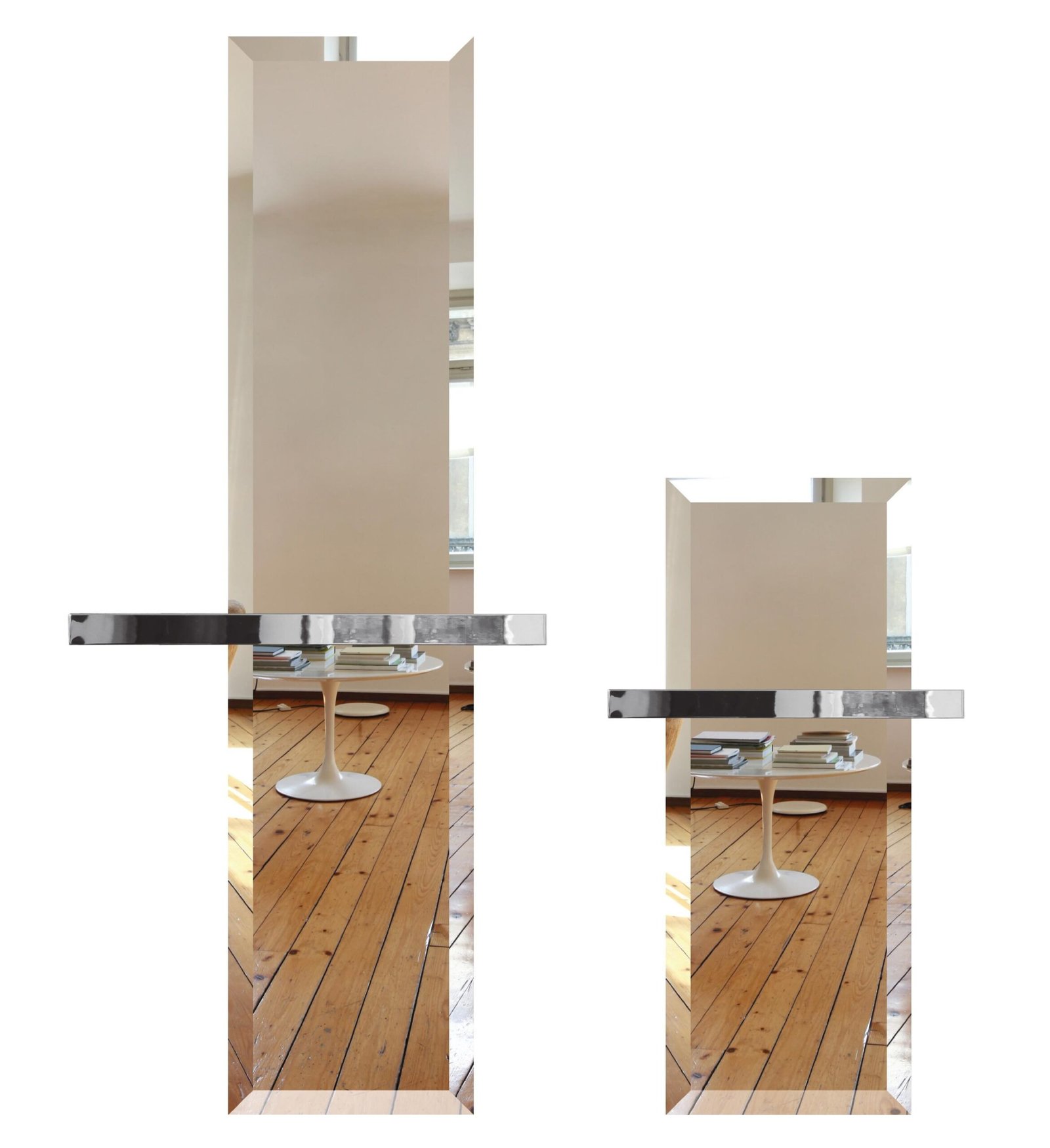 The modern Ateliers CINIER Mirror bath towel warmer in a vertical design, featuring smooth Olycal® stone and an oversized towel bar