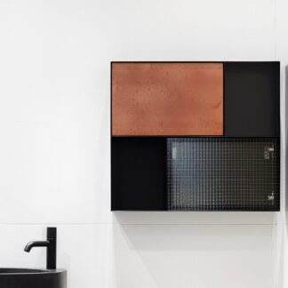 Wall-mounted bathroom cabinet with shelves and doors featuring push/pull hardware, available in 18 matte colors