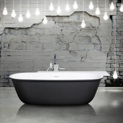 Modulo Freestanding Bathtub by AquaDesign in matte white with grey touch, featuring modular design