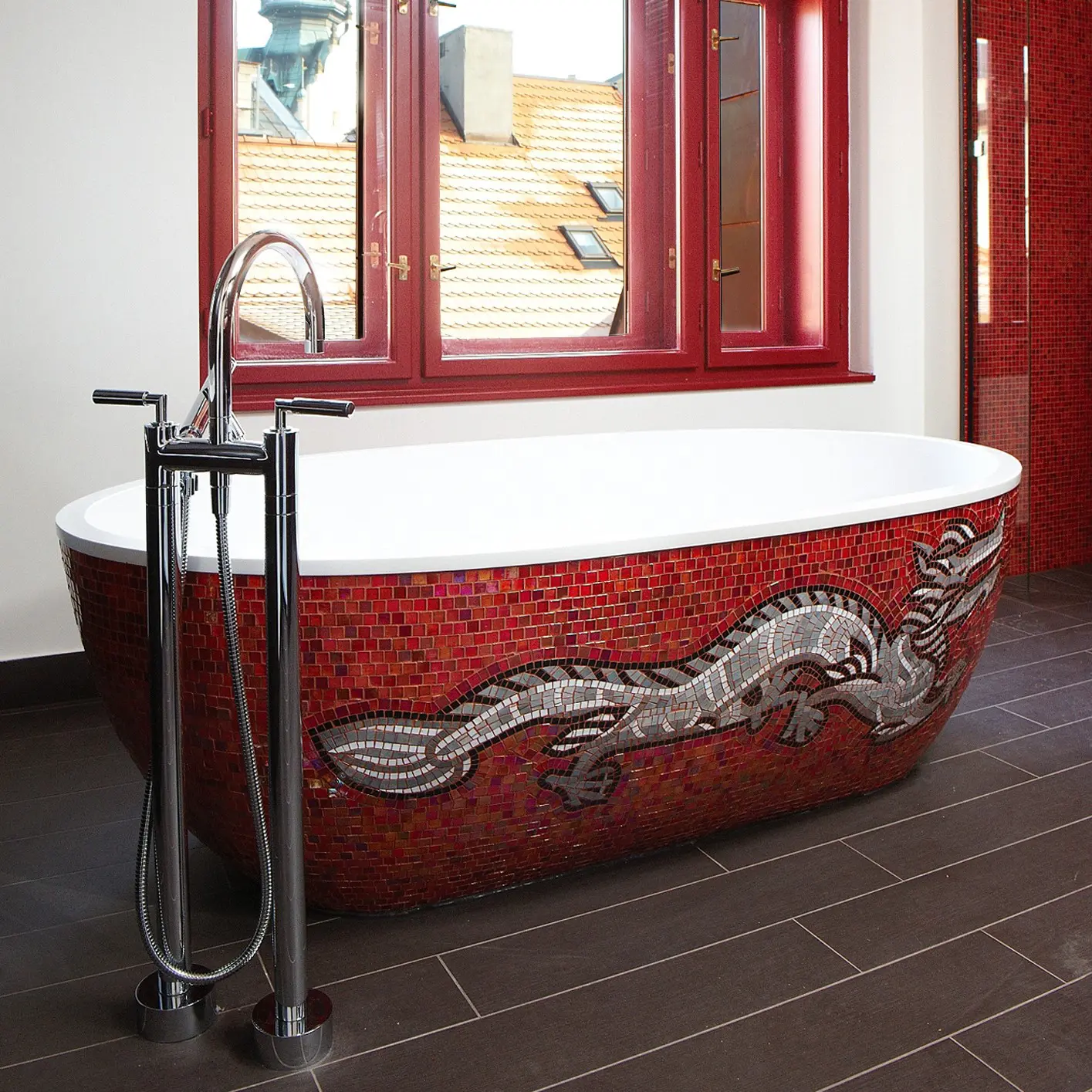 Freestanding Bathtub by AquaDesign with a Sicis mosaic Buddha bar design exterior and matte white interior