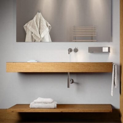 The sophisticated wood wall-mounted vanity with an integrated rectangular stainless steel sink will enhance your bathroom