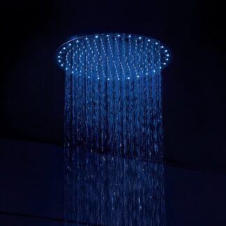 Round ceiling-mounted 16″ LED light shower head in polished chrome with chromotherapy lighting