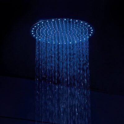 Round ceiling-mounted 16″ LED light shower head in polished chrome with chromotherapy lighting