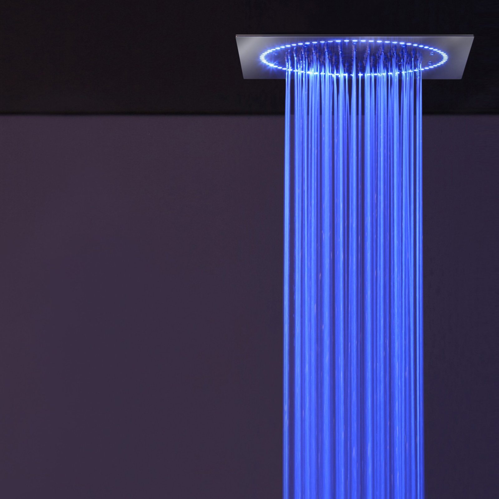 European-crafted ceiling shower head with a circular band of 72 blue LEDs, delivering luxury and chromotherapy benefits