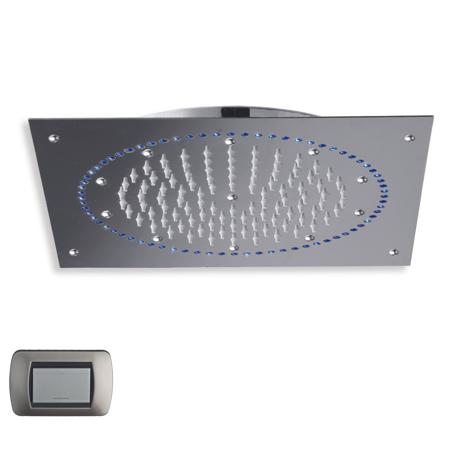 Premium Rain Therapy round shower head with integrated blue LED lights, offering wellness and eco-friendly functionality