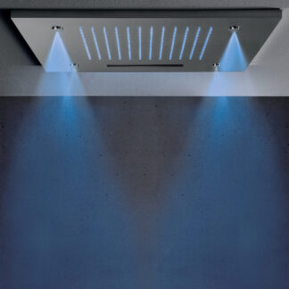 20&Prime; square ceiling-mounted shower head in polished chrome with chromotherapy LED lighting and three jet options