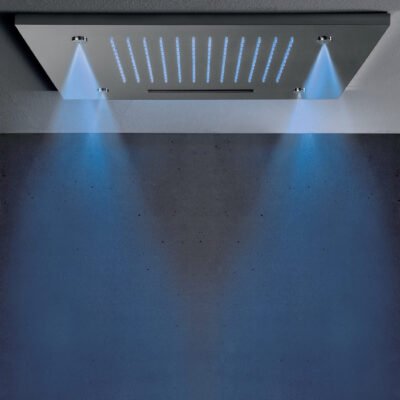 20″ square ceiling-mounted shower head in polished chrome with chromotherapy LED lighting and three jet options