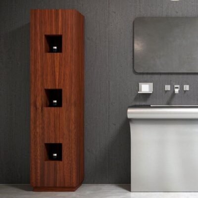 Wall-mounted bathroom storage cabinet featuring three open shelves and ten interior shelves