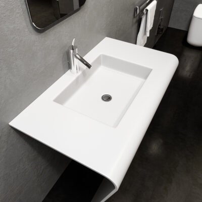 75 Series white console with a curved front, rectangular integral washbasin, and durable stainless steel frame