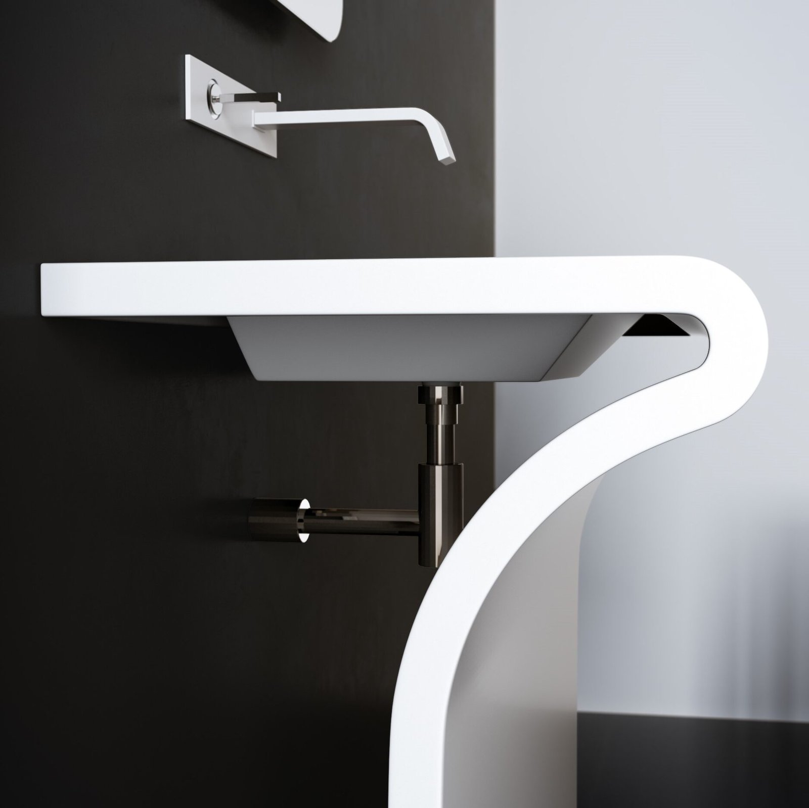 Italian-designed bathroom console with a curved front and integrated rectangular sink