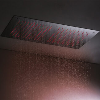 Modern chromotherapy LED light shower head in a rectangular 16&Prime; x 28&Prime; stainless steel design, featuring double canopies