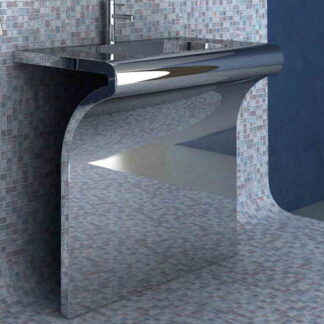 Italian-made stainless steel console with options for satin, polished, or powder-coated finishes and integral glass or marble tops