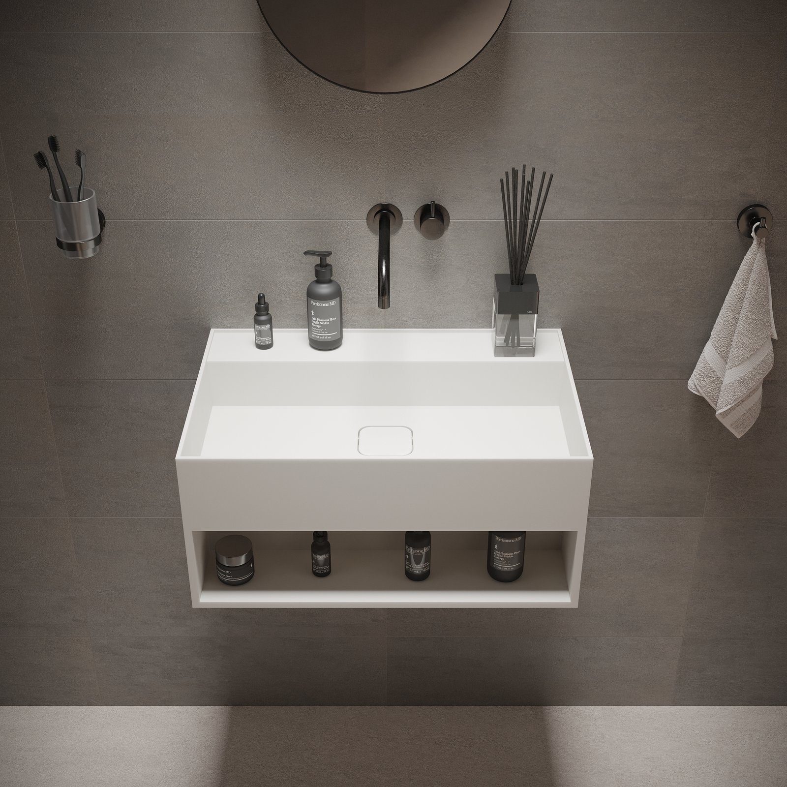 Enhance your bathroom with the 24″ BLISS Wall-Hung Washstand by Ideavit, featuring a matte white solid surface and a sleek, minimalist design