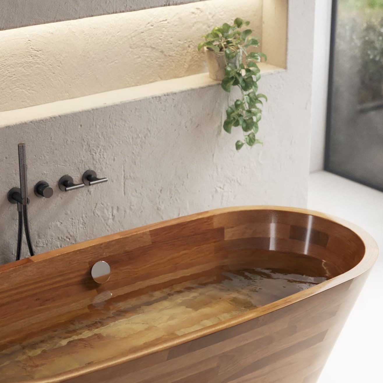 Luxury Vendome wooden bathtub in a long, freestanding design, available in customizable finishes and configurations, including no rim and flat rim options