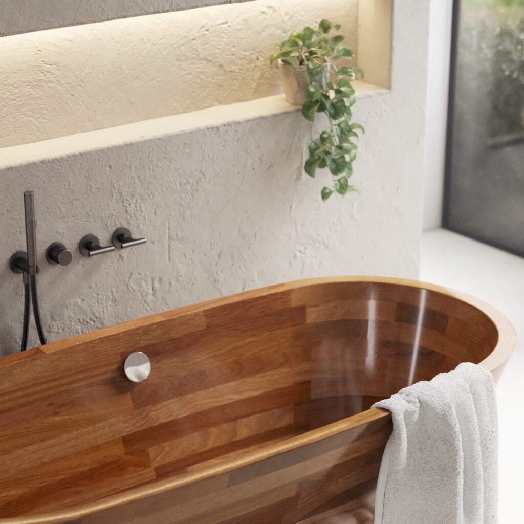 High-quality Vendome freestanding bathtub with waterproof, heat-resistant wood treatment, creating a beautiful centerpiece with options for gloss or semi-gloss finish