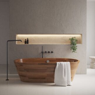 Vendome freestanding wooden bathtub by PSCBATH, showcasing sleek modern design in natural wood finishes like ash, iroko, oak, walnut, and wenge