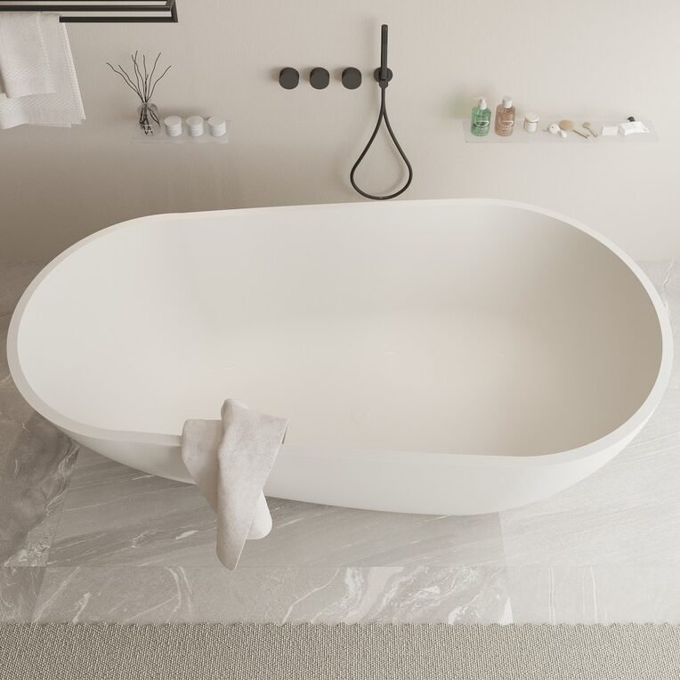 Ideavit's SURF designer oval freestanding bathtub Ideavit's SURF designer oval freestanding bathtub, crafted from premium solid surface material