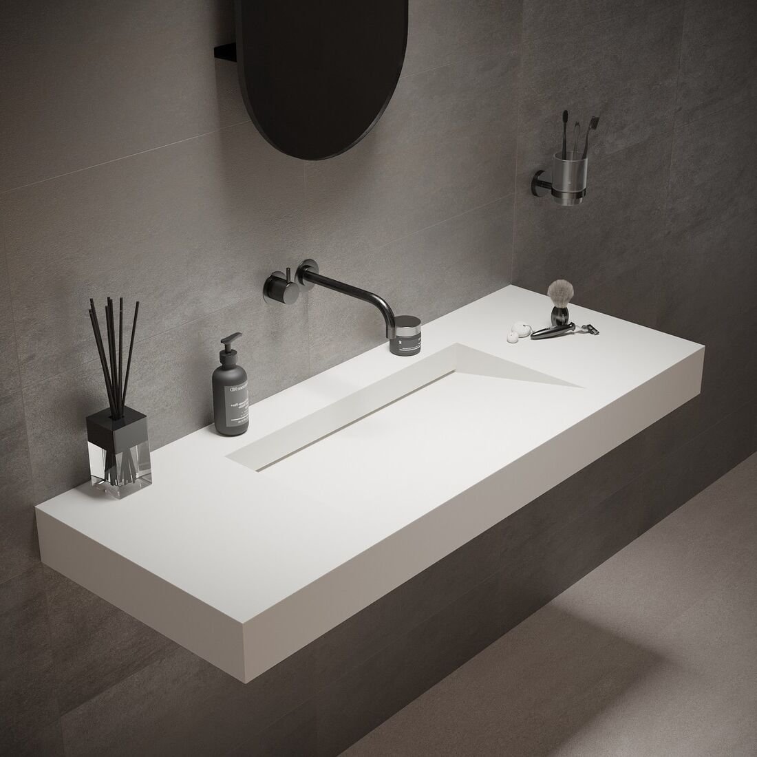 This 48-inch-wide wall-mounted vanity by Ideavit features a built-in drain and is made of matte white solid surface
