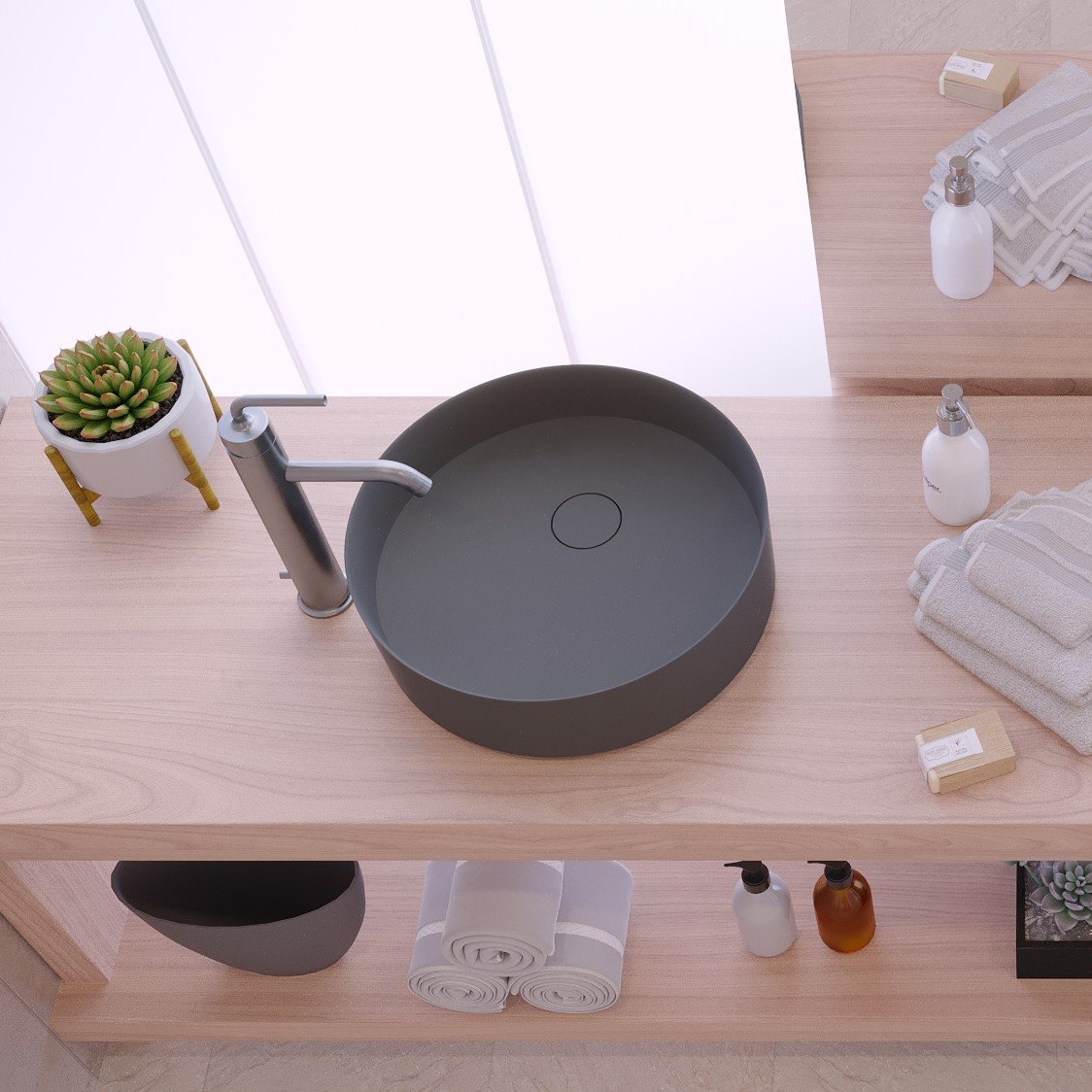 Modern FLOAT Counter Vessel in matte dark grey by Ideavit, featuring a refined freestanding design and matching matte drain cover