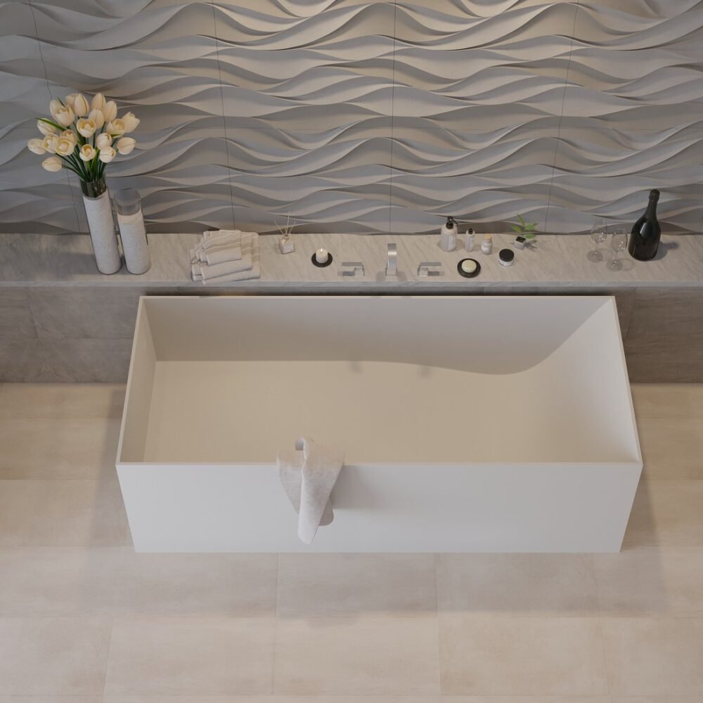 Minimalist bathtub by Ideavit, featuring sleek aesthetics, adjustable feet, and a solid surface material