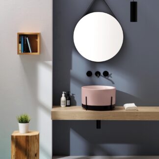 The IBRIDO Round Counter Vessel by Horganica features a matte pink ceramic design, blending modern elegance with premium Italian craftsmanship
