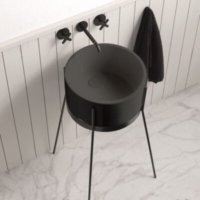 IBRIDO Color Pedestal Sink featuring a cosmic grey ceramic basin with a sleek black metal pedestal