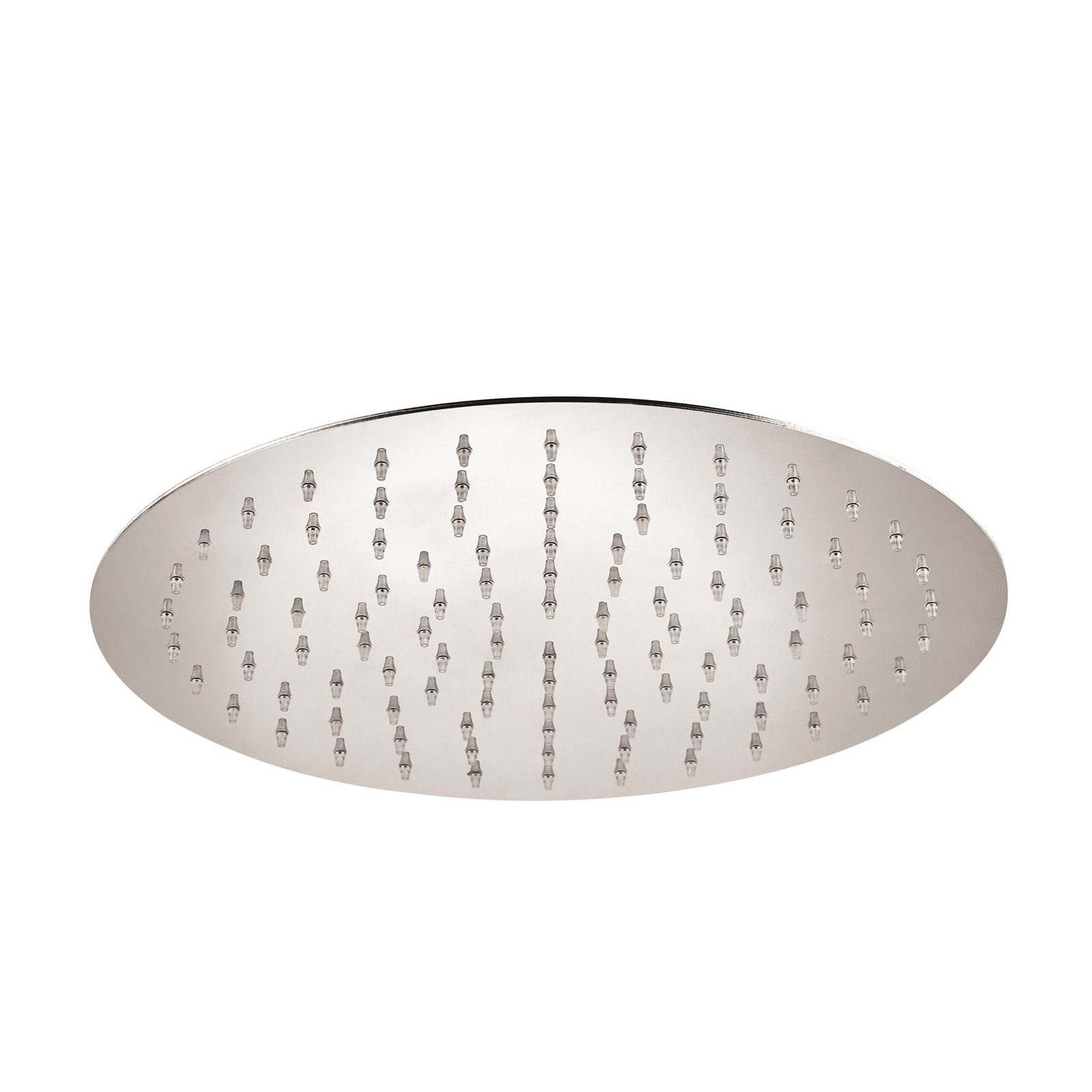 Shaped 12″ rainfall shower head Shaped 12″ rainfall shower head with 108 rubber nozzles, durable stainless steel construction, and stylish finishes