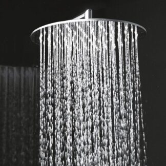 Elegant 12″ round stainless steel wall-mounted rainfall shower head with a 13-3/4″ projection arm