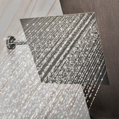 Wall-mounted 12″ square rainfall shower head crafted from stainless steel with a 90° shower arm and 100 anti-limescale nozzles