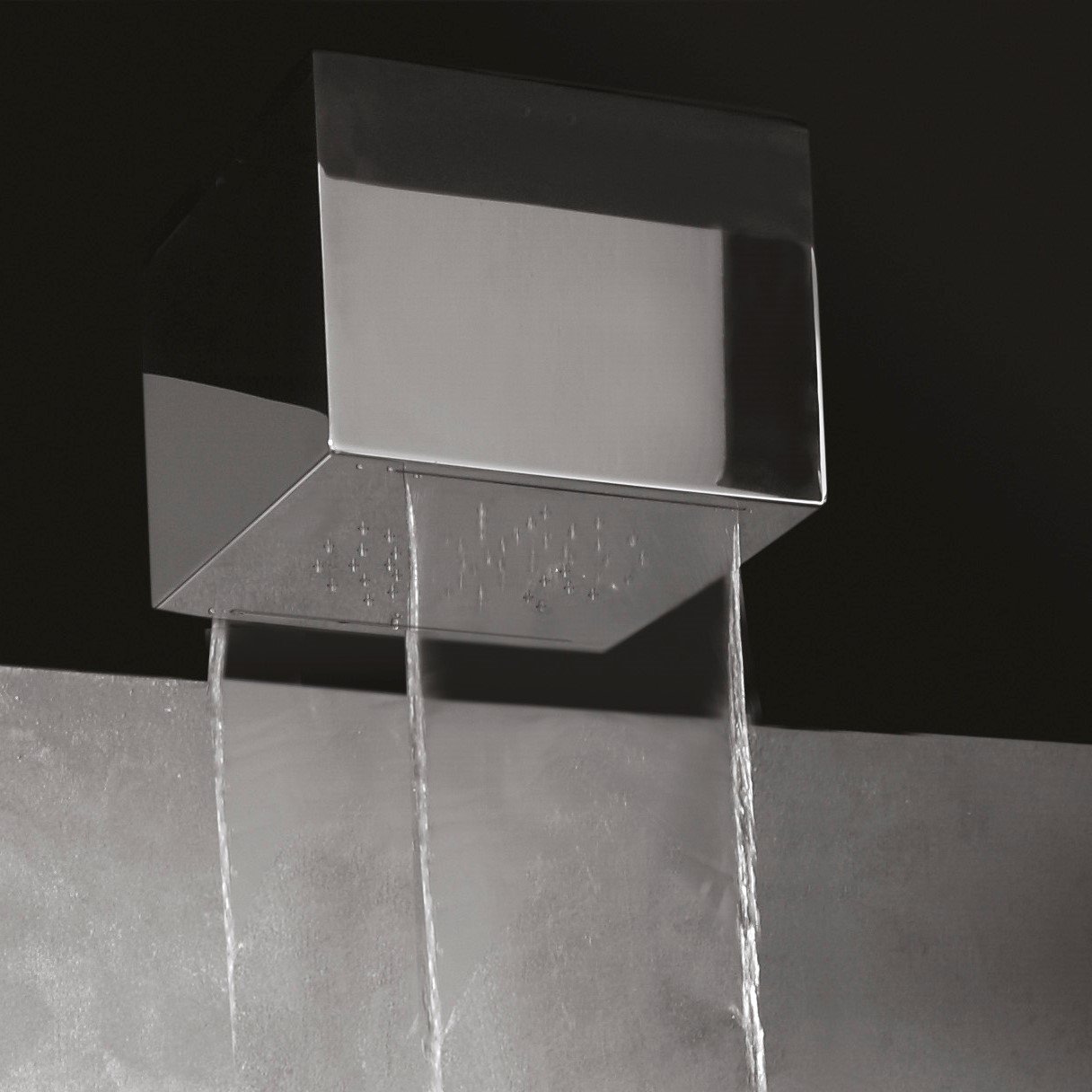Contemporary cube shower head, crafted from premium stainless steel with a geometric design, delivering balanced water flow