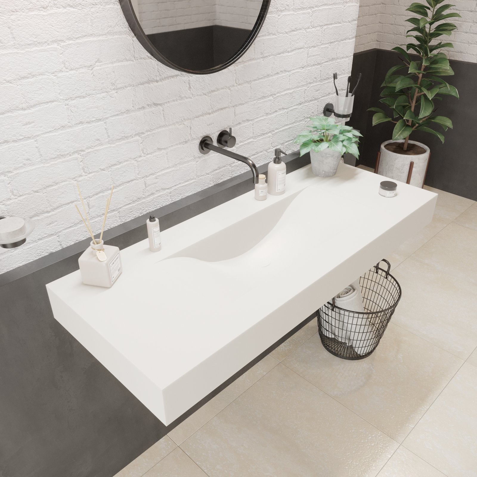 VOLO 48-inch vanity by Ideavit in sleek matte white finish VOLO 48-inch vanity by Ideavit in sleek matte white finish, wall-mounted with solid surface material