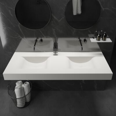 Ideavit VOLO 55-inch wall-hung washbasin with double concave basins in matte white, ideal for modern bathrooms