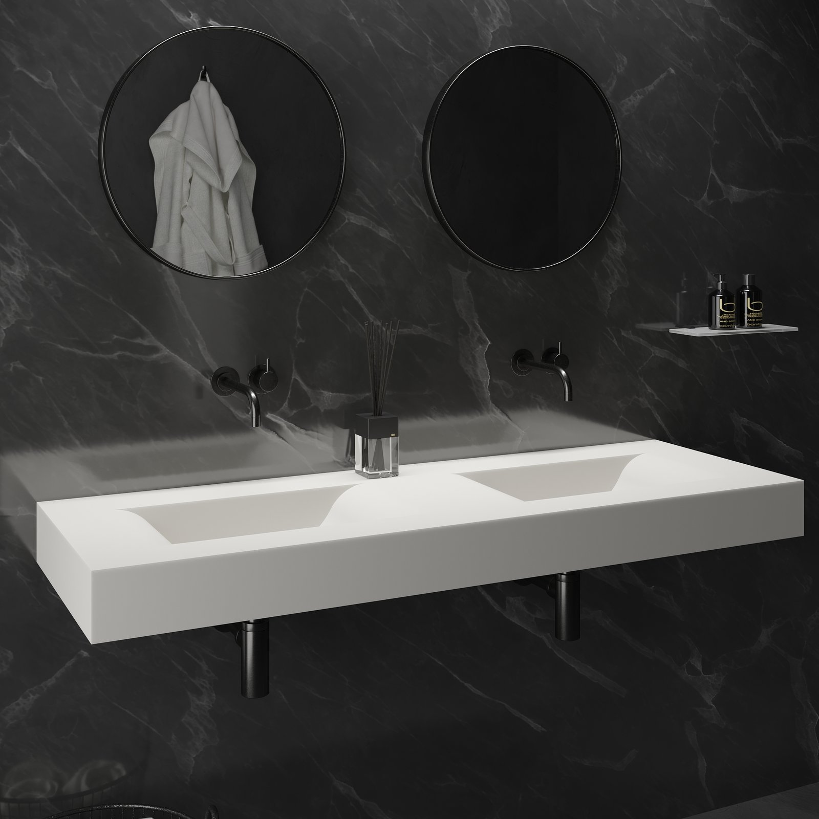 VOLO 55-inch wide wall-mounted washbasin by Ideavit, featuring dual basins and a sleek matte white finish