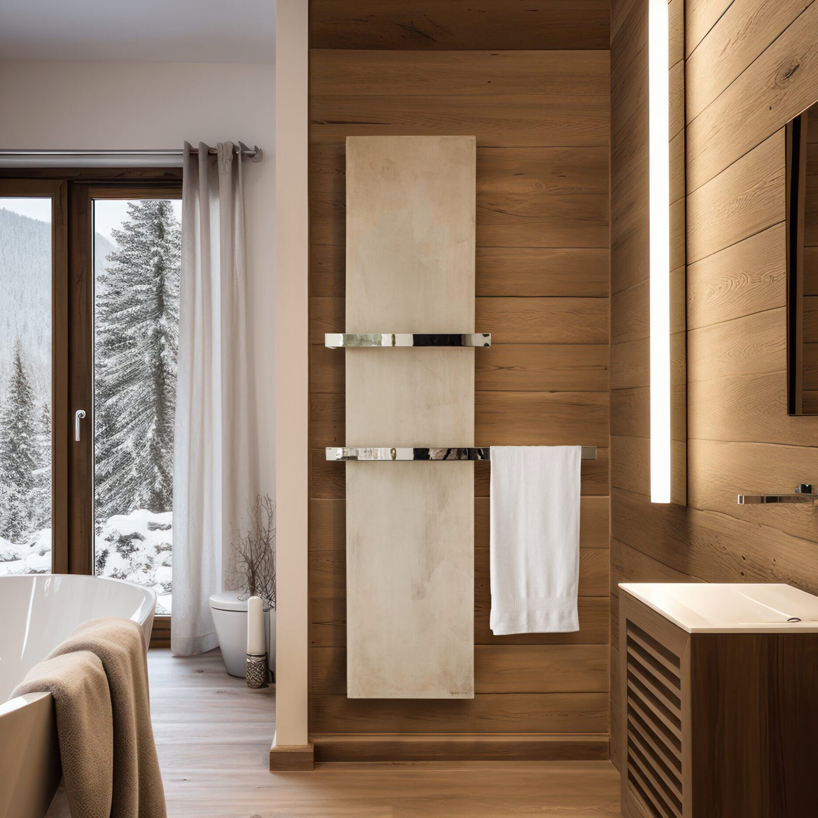 The Uni bath towel warmer radiator The Uni bath towel warmer radiator by Ateliers CINIER, offered by PSCBATH, combines contemporary elegance with high-performance heating. Crafted from Olycal® stone, it ensures efficient, quiet warmth while enhancing modern bathroom aesthetics.