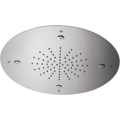 A 16-1/2″ round stainless steel rain shower head with mist jets by Rain Therapy, offering a luxurious rainfall and mist effect, crafted in Italy with eco-friendly design