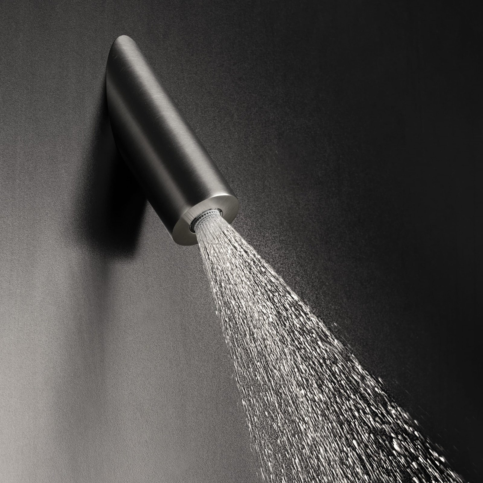 Contemporary ceiling-mounted tube shower heads in polished and brushed finishes