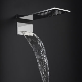 Luxurious 20″ x 8″ stainless steel wall-mounted rainfall shower head with 99 anti-limescale nozzles, paired with an 8″ x 5″ waterfall cascade