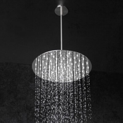 Ceiling-mounted 12″ round rainfall shower head with a 10″ projection arm, 108 limescale-resistant nozzles, and premium Italian craftsmanship